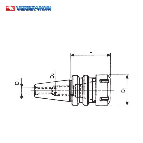 Sơ đồ mặt cắt bầu kẹp dao phay chuôi côn BT thể hiện vị trí các ký hiệu D1 (ren ty rút), D2, D3 (đường kính ngoài đai ốc) và L (chiều dài nhô)