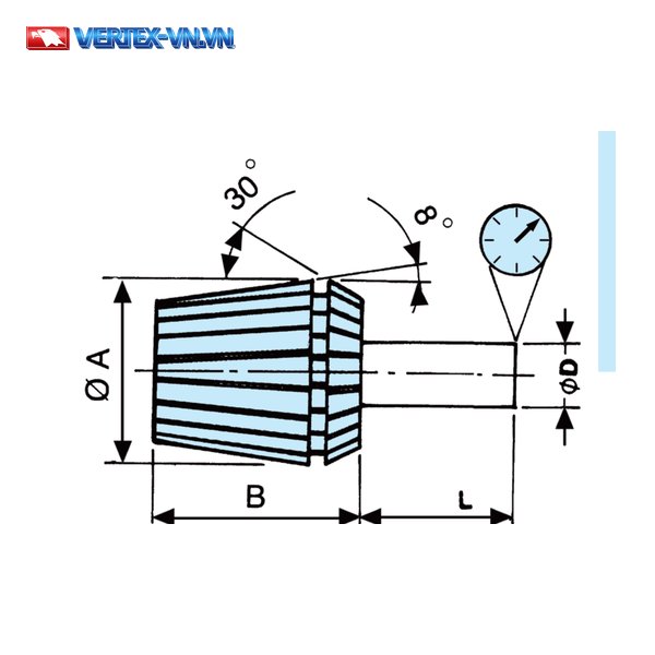 Hình vẽ kỹ thuật mặt cắt collet ER VERTEX thể hiện hai góc côn ngoài 8 độ và 30 độ trên thân collet cùng các kích thước Ø A, B, L, ø D