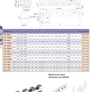Trang catalogue gốc Vertex-41 dòng ê tô dãy VFL, đầy đủ sơ đồ kích thước và bảng thông số