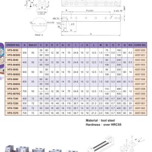 Trang catalogue gốc Vertex-41 dòng ê tô dãy VFS, đầy đủ sơ đồ kích thước và bảng thông số