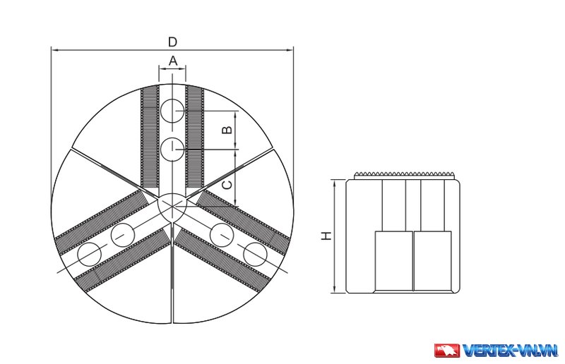 Bản vẽ kỹ thuật chấu mềm đĩa tròn VERTEX VFRD với các ký hiệu trên hình vẽ ở hình chiếu mặt trước và mặt bên