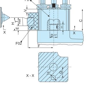 Bản vẽ đài dao thay nhanh kiểu Ý VTP với các ký hiệu B, D H7, H, C, E trên hình vẽ