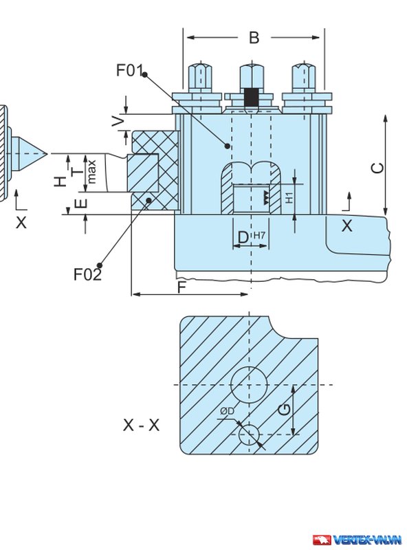Bản vẽ đài dao thay nhanh kiểu Ý VTP với các ký hiệu B, D H7, H, C, E trên hình vẽ