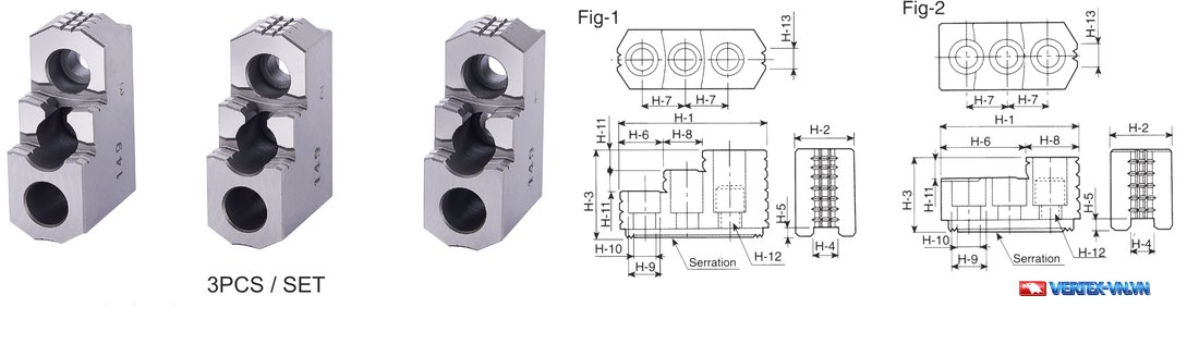 Bản vẽ kích thước chấu cứng HJ VERTEX cho mâm cặp thủy lực: H-1 đến H-13, Fig-1 và Fig-2