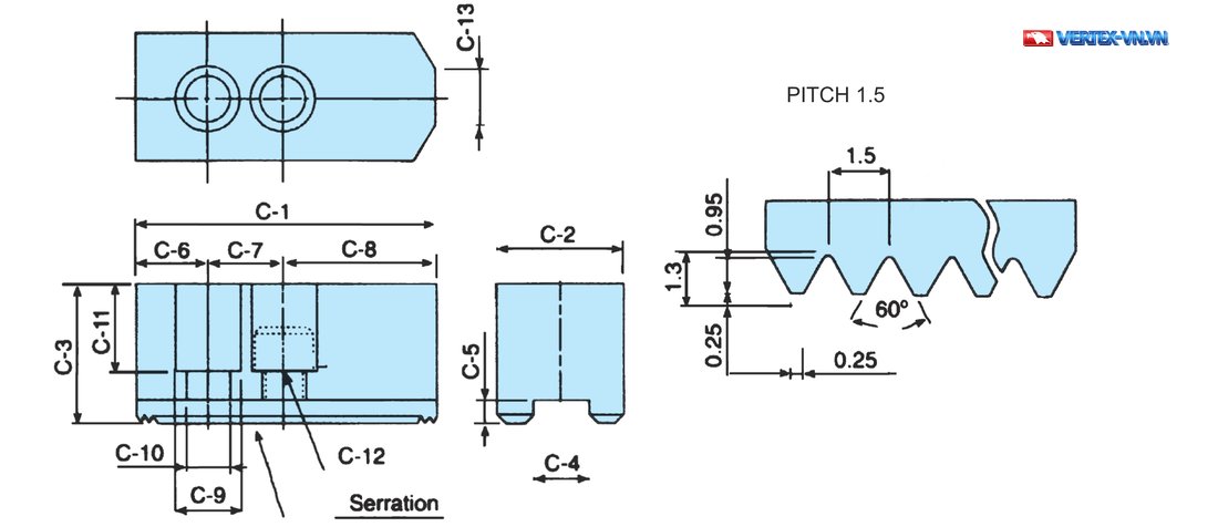 Bản vẽ kích thước chấu mềm VHC VERTEX cho mâm cặp thủy lực: C-1 đến C-13 và profin răng khía