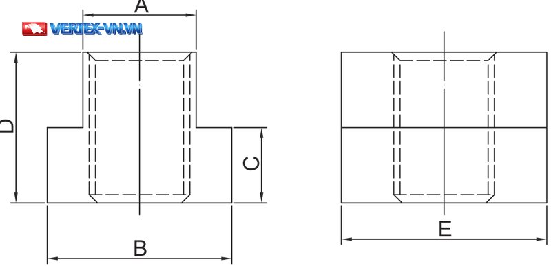Bản vẽ kích thước đai ốc rãnh chữ T VERTEX hệ mét — ký hiệu A, B, C, D, E trên hai hình chiếu