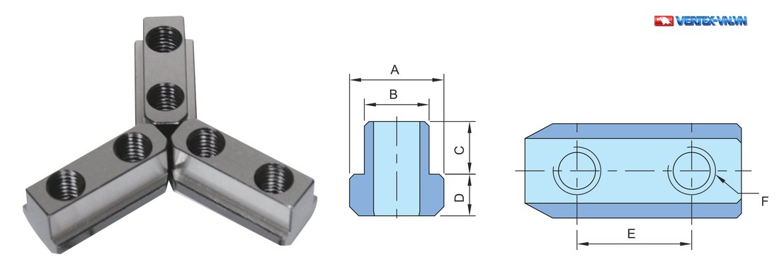 Bản vẽ kích thước đai ốc chữ T VERTEX cho mâm cặp thủy lực: A, B, C, D, E và ren F