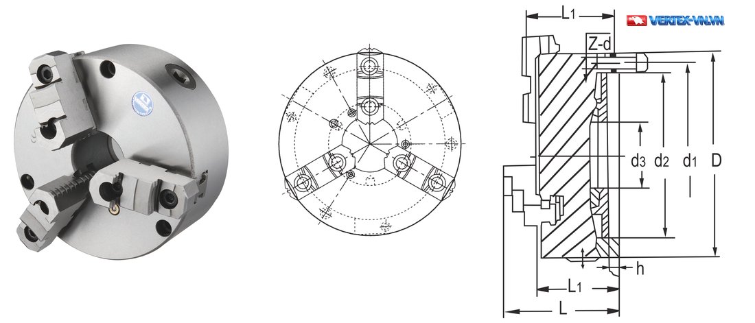 Bản vẽ kích thước mâm cặp 3 chấu tự định tâm VSK-A VERTEX: D, d1, d2, d3, L, L1, h, Z-d