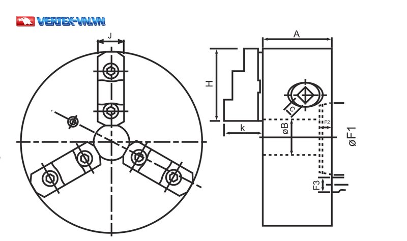 Bản vẽ mâm cặp khóa cam dòng KD: hình chiếu mặt sau và mặt cắt ghi các kích thước A, B, C, H, J, K cùng đường kính lắp ØF1