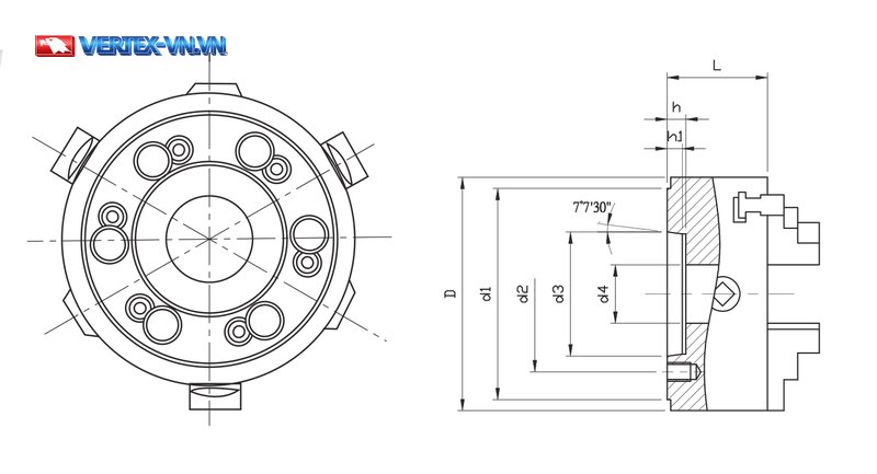 Bản vẽ mâm cặp khóa cam VSKC: hình chiếu mặt sau có chốt cam và mặt cắt ghi các đường kính D, d1, d2, d3, d4 cùng chiều dày L, h, h1 và góc côn 7°7'30"