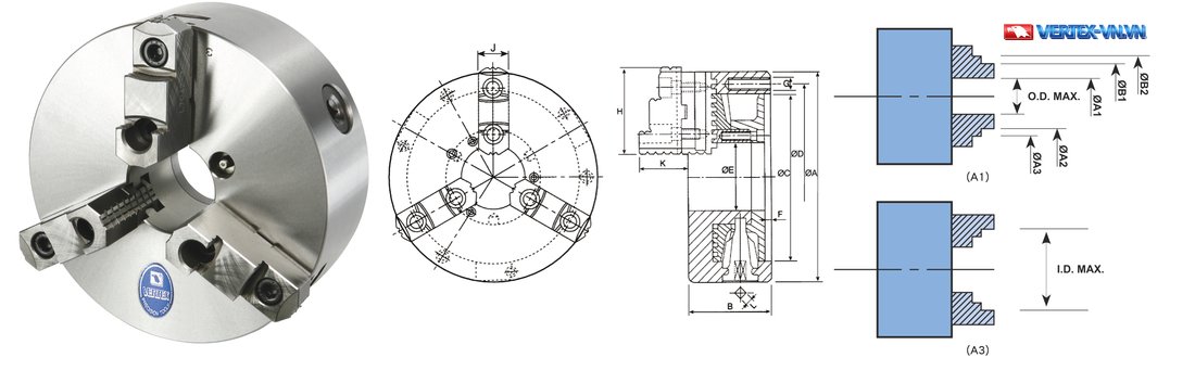 Bản vẽ kích thước mâm cặp máy tiện 3 chấu VSK VERTEX: ØA, ØC, ØD, ØE, B, F, H, J, K và sơ đồ dải kẹp ØA1, ØA2, ØA3, ØB1, ØB2