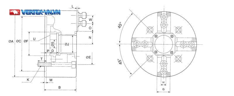 Bản vẽ kích thước mâm cặp thủy lực 4 chấu lỗ thông VNIT VERTEX — ký hiệu ØA, B, ØC, ØJ, K, U, W trên hình chiếu cắt và hình chiếu mặt trước