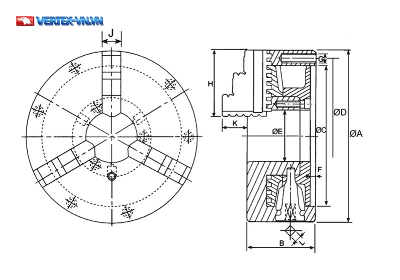 Bản vẽ kích thước thân mâm cặp VSC: hình chiếu mặt trước và mặt cắt ghi vị trí các kích thước ØA, ØC, ØD, ØE, B, F, G, H, J, K
