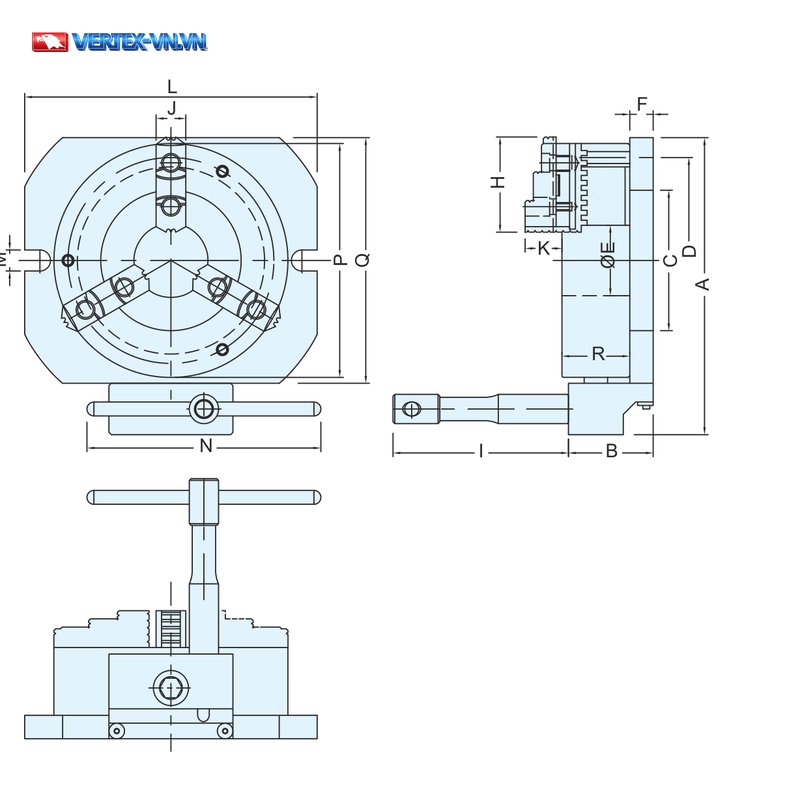 Bản vẽ mâm cặp gia công đứng VMJ với các ký hiệu trên hình vẽ A, B, C, D, E, F, H, I, J, K, L, M, N, P, Q, R