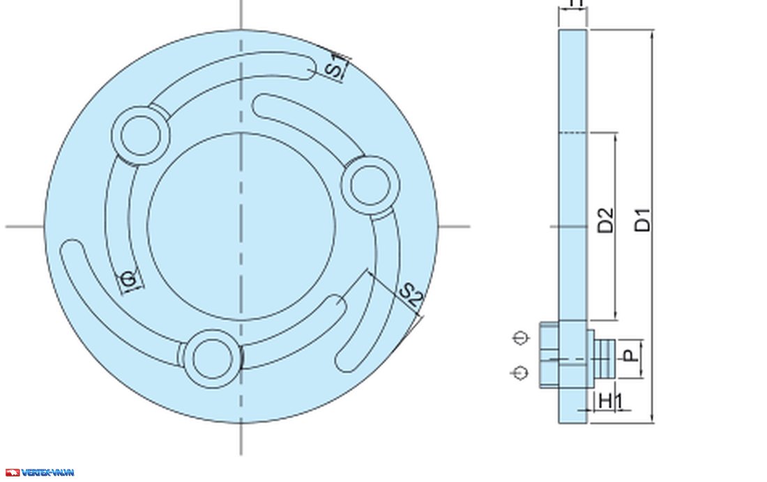 Bản vẽ vòng kẹp tiện chấu mềm VFR VERTEX với các ký hiệu H, D1, D2, S1, S2, G, H1, O