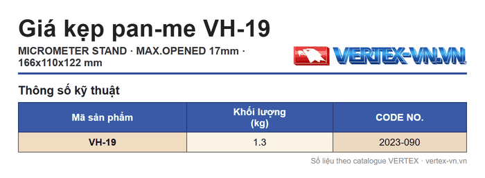 Bảng thông số giá kẹp pan-me VH-19 VERTEX Bảng thông số giá kẹp pan-me VH-19 VERTEX