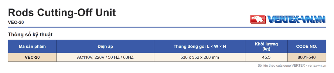 Bảng thông số máy cắt thanh VEC-20