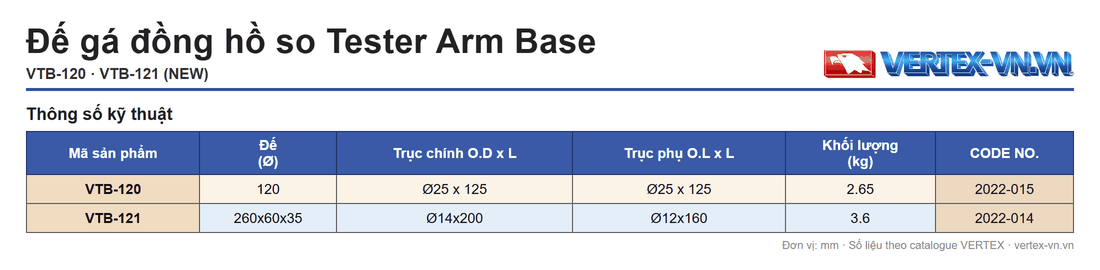 Bảng thông số Tester Arm Base VTB-120 VTB-121 VERTEX