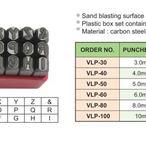 Bảng thông số bộ đột chữ VERTEX VLP-30 đến VLP-100 kèm sơ đồ hộp 27 ô chữ A-Z và ký tự &, trích catalogue Vertex