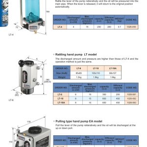 Trang catalogue bơm dầu bôi trơn bằng tay VERTEX với bảng thông số dòng LT và EA