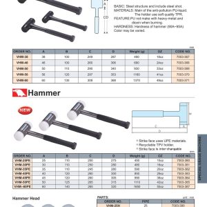 Bảng thông số búa PU và búa nhựa VERTEX dòng VHM - 20 mã theo catalogue