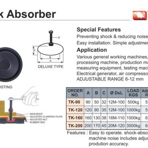 Bảng thông số chân chống rung VERTEX STANDARD TYPE TK-90 đến TK-200 kèm đặc tính chung và phạm vi ứng dụng, trích catalogue Vertex trang G1