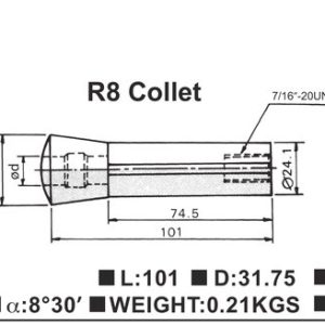 Collet R8 VERTEX: bản vẽ kích thước ngoài và thông số