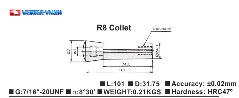 Collet R8 VERTEX: bản vẽ kích thước ngoài và thông số