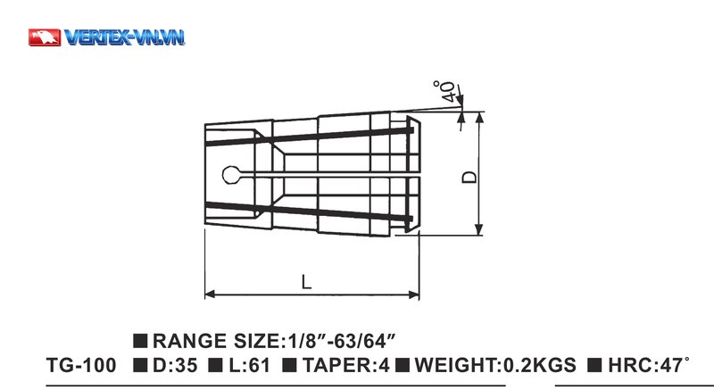 Collet TG100 VERTEX: bản vẽ kích thước ngoài và thông số