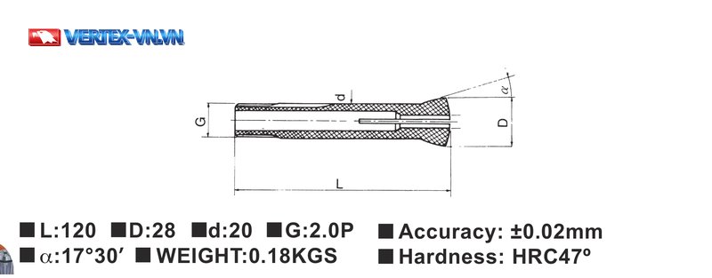 Collet U2 VERTEX: bản vẽ kích thước ngoài và thông số