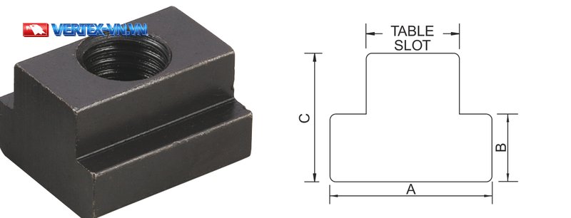Đai ốc rãnh chữ T VERTEX bề mặt ô-xy hoá đen và mặt cắt cho thấy cách nó lắp vào rãnh chữ T (Table Slot) của bàn máy phay