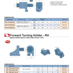 V Type Milling & Drilling Head (đầu phay khoan) MAZAK Multiplex Da-Series và Forward Turning Holder - RH (ổ gá tiện thuận), bảng ORDER NO. và kích thước