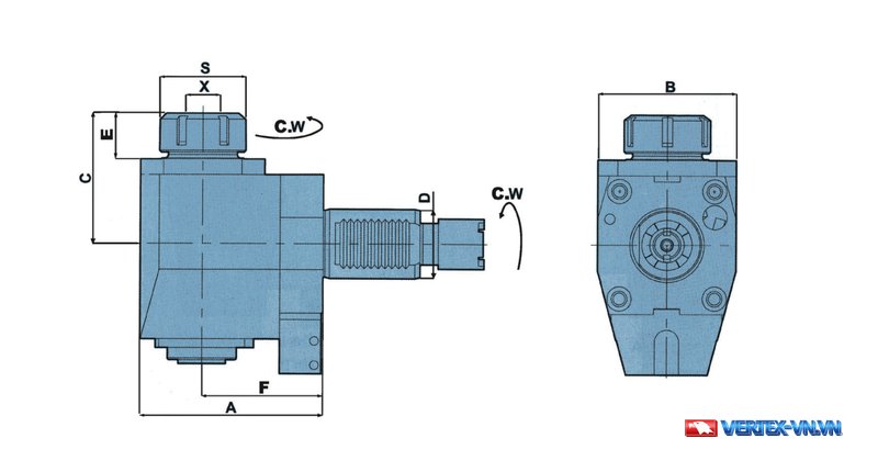 Hình vẽ đầu phay khoan hướng kính cho máy tiện OKUMA - catalogue VERTEX tờ E73