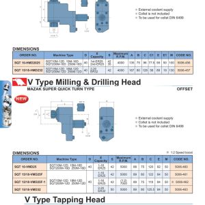 H Type Milling & Drilling Head (đầu phay khoan kiểu H) MAZAK Super Quick Turn cho cả 2 trục chính, và V Type Milling & Drilling Head (đầu phay khoan kiểu V) kiểu Offset, bảng ORDER NO. và kích thước