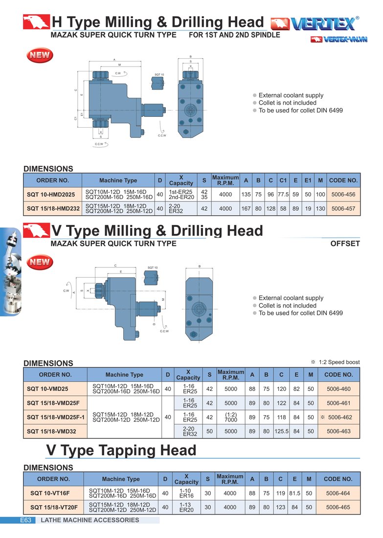 H Type Milling & Drilling Head (đầu phay khoan kiểu H) MAZAK Super Quick Turn cho cả 2 trục chính, và V Type Milling & Drilling Head (đầu phay khoan kiểu V) kiểu Offset, bảng ORDER NO. và kích thước