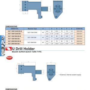Double Boring Bar Holder (ổ gá tiện lỗ đôi) MAZAK Super Quick Turn Type, và U Drill Holder Super Quick Turn Type (ga mũi khoan U), bảng ORDER NO. và kích thước