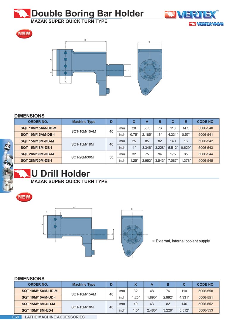 Double Boring Bar Holder (ổ gá tiện lỗ đôi) MAZAK Super Quick Turn Type, và U Drill Holder Super Quick Turn Type (ga mũi khoan U), bảng ORDER NO. và kích thước