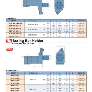 Boring Bar Holder (ổ gá tiện lỗ) MAZAK Super Quick Turn Type và Mazak Multiplex Type, bảng ORDER NO. và kích thước A-B-C