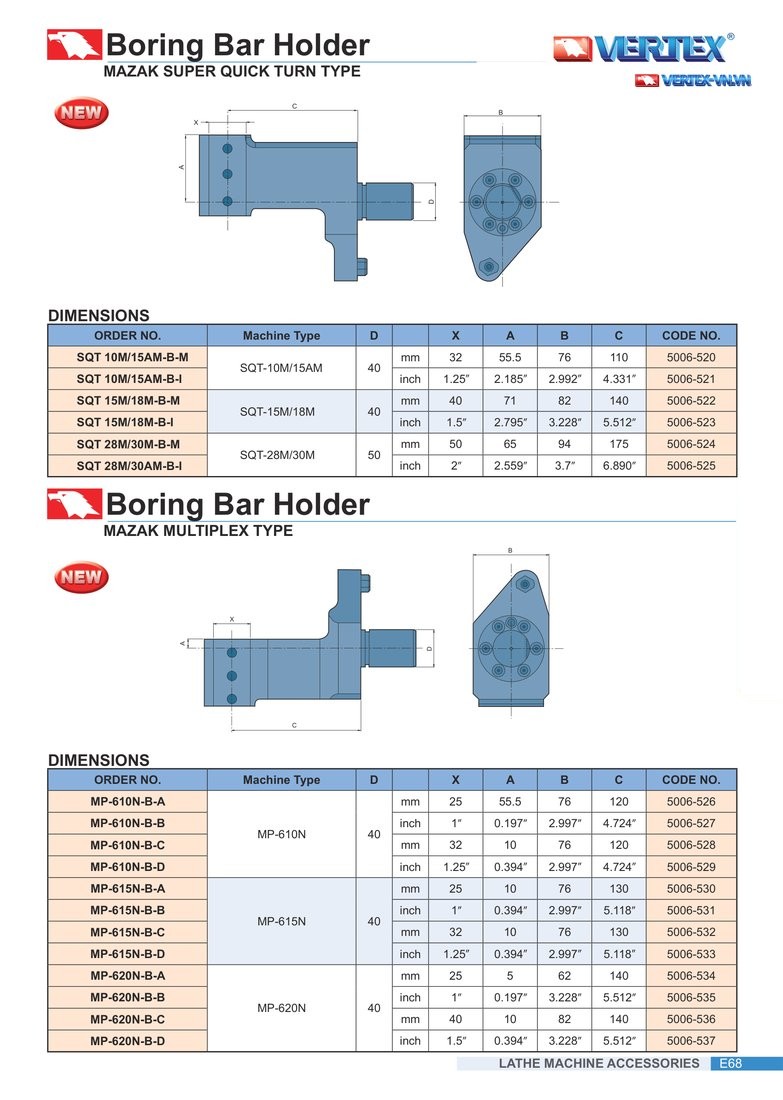 Boring Bar Holder (ổ gá tiện lỗ) MAZAK Super Quick Turn Type và Mazak Multiplex Type, bảng ORDER NO. và kích thước A-B-C