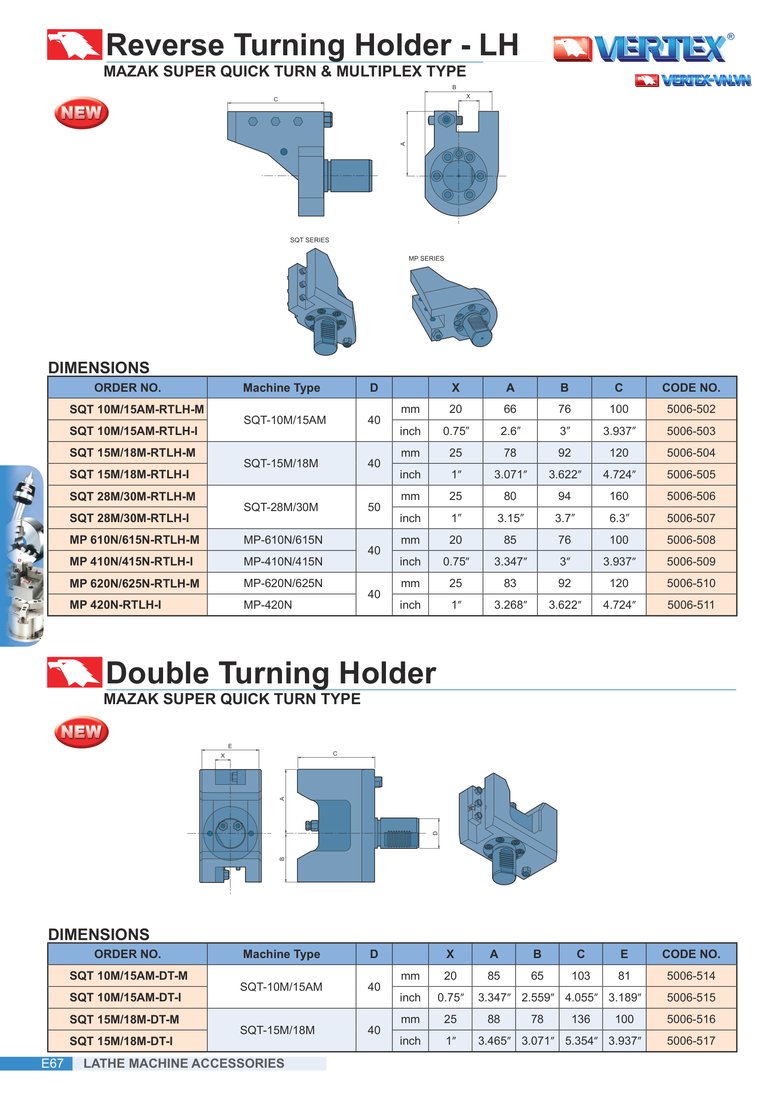 Reverse Turning Holder - LH (ổ gá tiện nghịch) và Double Turning Holder (ổ gá tiện đôi) MAZAK, bảng ORDER NO. và kích thước A-B-C
