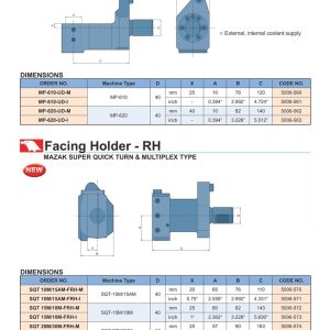 U Drill Holder (ga mũi khoan) MAZAK Multiplex Type, và Facing Holder - RH (ổ gá tiện mặt) MAZAK, bảng ORDER NO. và kích thước A-B-C