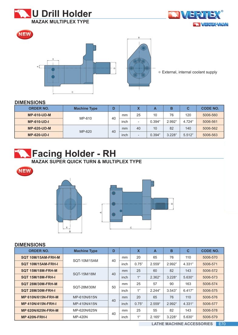U Drill Holder (ga mũi khoan) MAZAK Multiplex Type, và Facing Holder - RH (ổ gá tiện mặt) MAZAK, bảng ORDER NO. và kích thước A-B-C