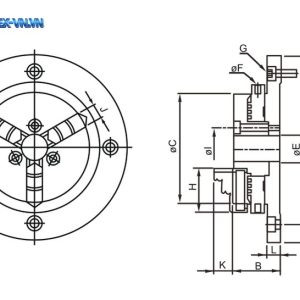 Bản vẽ kỹ thuật mâm cặp 3 chấu máy phay dạng thấp VERTEX VLBK, nhìn đứng và mặt cắt, ghi các ký hiệu kích thước A đến L