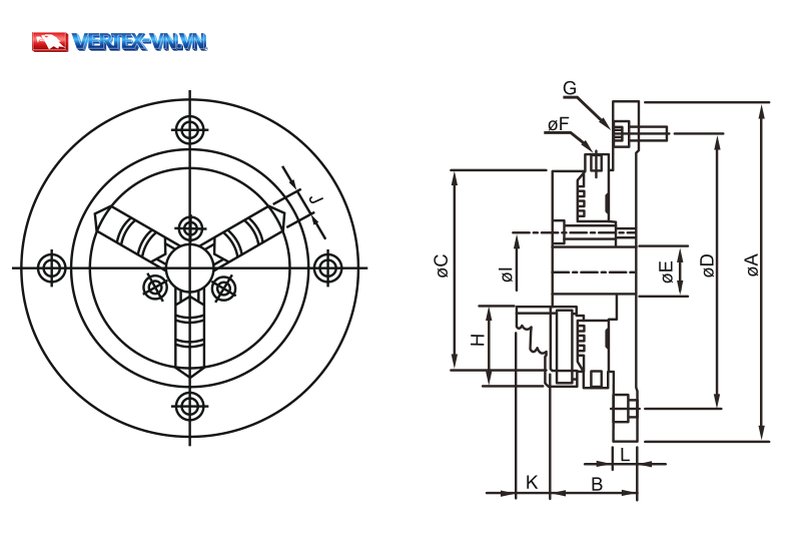 Bản vẽ kỹ thuật mâm cặp 3 chấu máy phay dạng thấp VERTEX VLBK, nhìn đứng và mặt cắt, ghi các ký hiệu kích thước A đến L