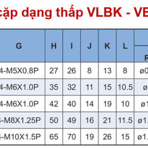 Bảng kích thước mâm cặp 3 chấu máy phay dạng thấp VERTEX VLBK-2/3/4/5/6 — các ký hiệu kích thước A đến L, dải kẹp, khối lượng và CODE NO.