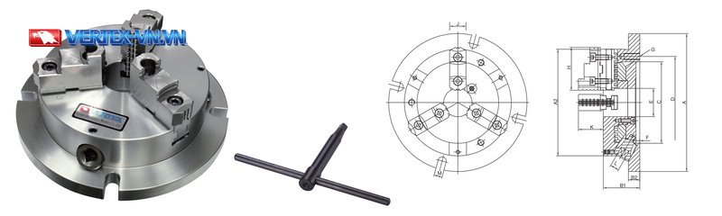 Mâm cặp 3 chấu siêu mỏng VERTEX VNBK — ảnh chụp, tay quay và bản vẽ kỹ thuật