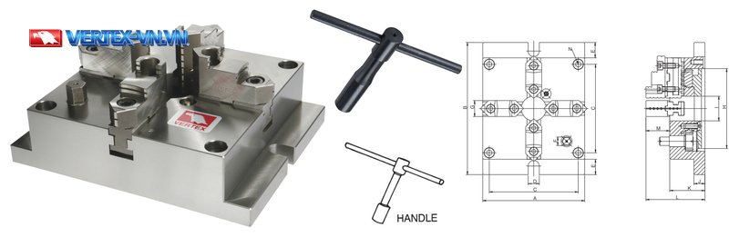 Mâm cặp máy phay 4 chấu VERTEX VMJ thân vuông với tay quay và bản vẽ kỹ thuật