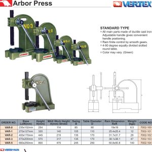 Máy ép vòng bi VERTEX VAR - bảng thông số 5 cỡ in trên catalogue