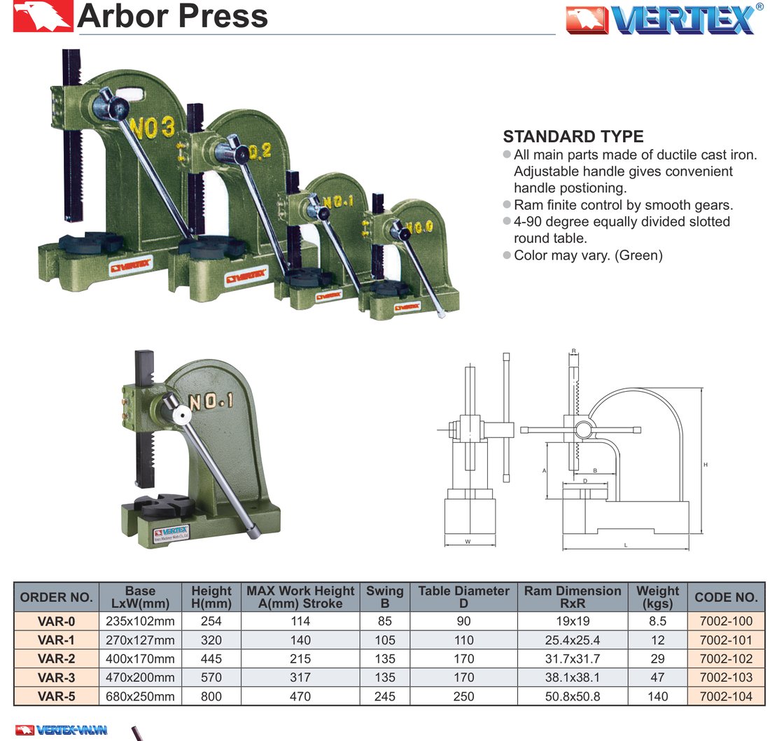 Trang catalogue VERTEX G2 bản in trước: máy ép vòng bi VAR, bản vẽ kích thước và bảng thông số 5 mã, chưa có cột lực ép