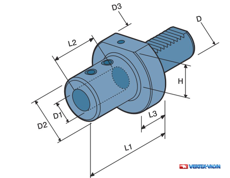 Hình vẽ ổ gá dao VDI kiểu E1 giữ mũi khoan U, tưới nguội trong - catalogue VERTEX tờ E56